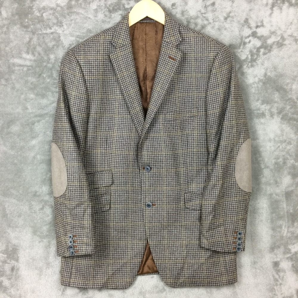 Biella Tweed Blazer Mens 40R Brown Wool Houndstooth Plaid Elbow Patch Professor